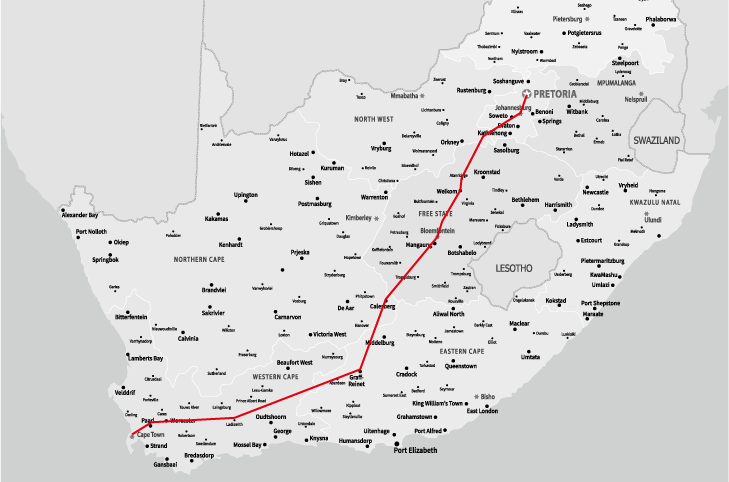 Route map from Pretoria to Cape Town